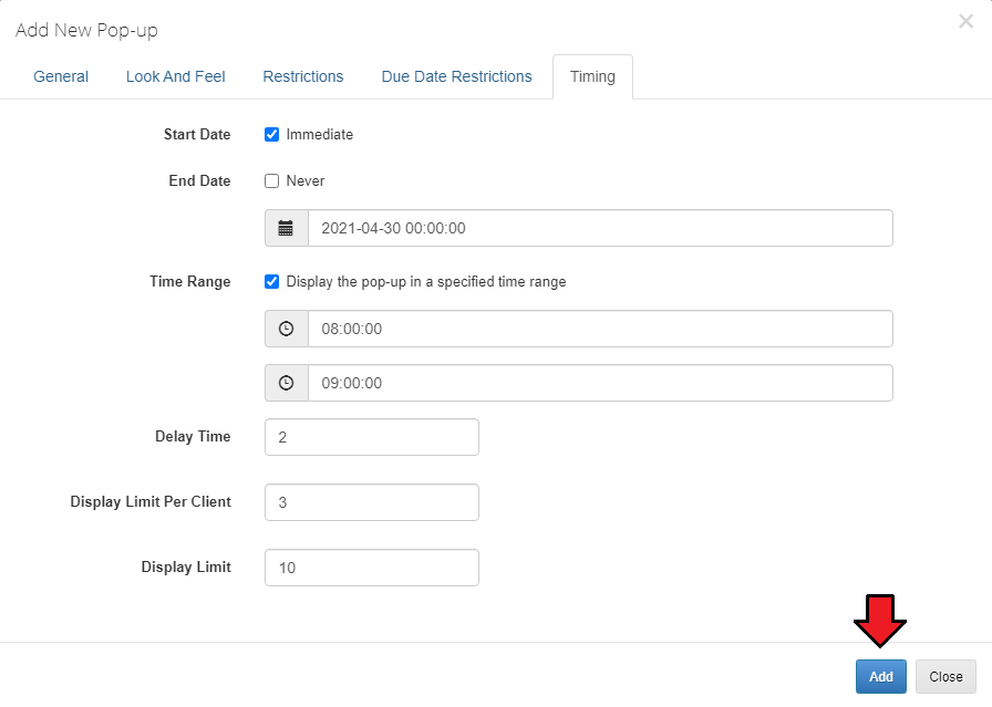Client Area Popup For WHMCS: Timing tab with start and end date, time range, delay and display limits and the Add button