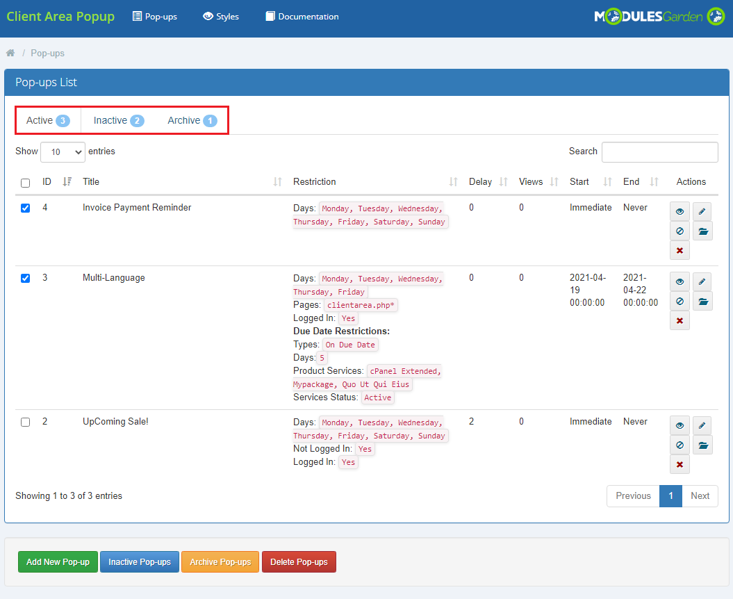 Client Area Popup For WHMCS: Pop-ups list with the Active, Inactive and Archive tabs marked