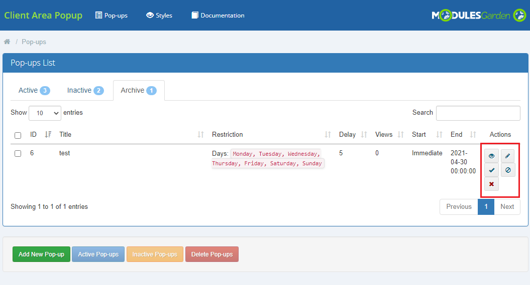 Client Area Popup For WHMCS: Archive tab of the Pop-ups list with the action icons marked, including restore