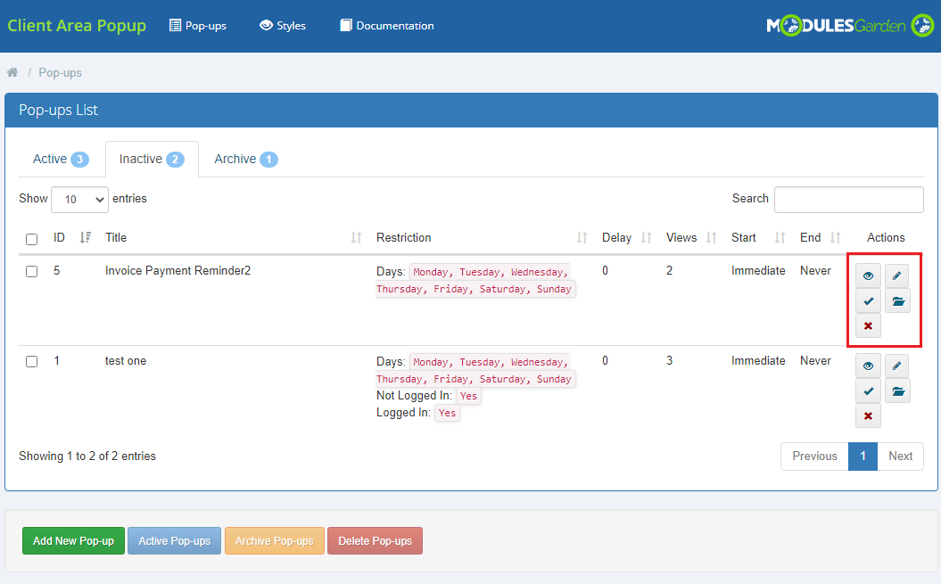 Client Area Popup For WHMCS: Inactive tab of the Pop-ups list with the action icons marked, including activate