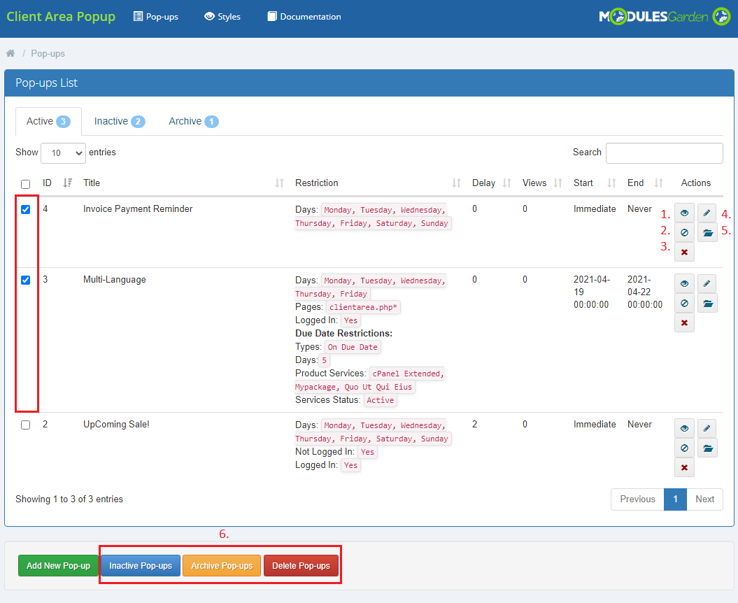 Client Area Popup For WHMCS: Active pop-ups list with numbered action icons, selected entries and bulk action buttons