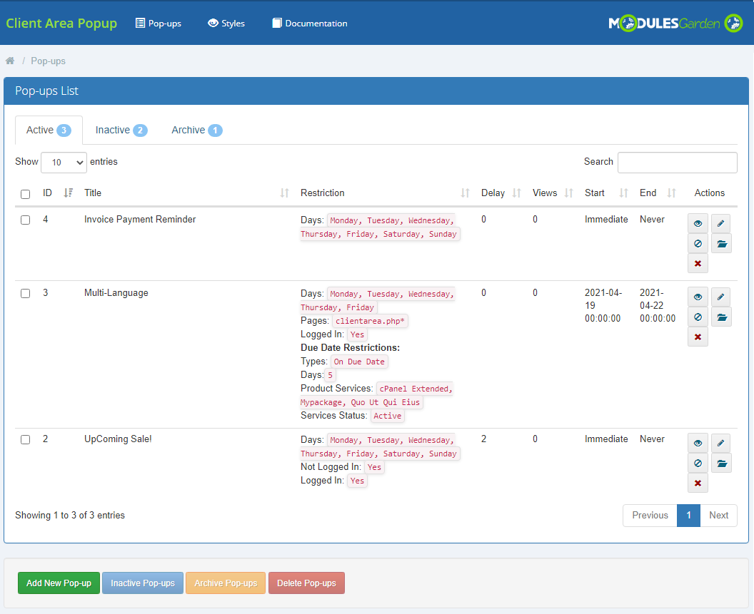 Client Area Popup For WHMCS: Pop-ups list with the Active tab with three pop-ups including Invoice Payment Reminder