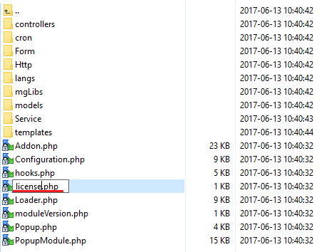 Client Area Popup For WHMCS: PopupModule addon folder in a file manager with licenseRENAME.php being renamed to
