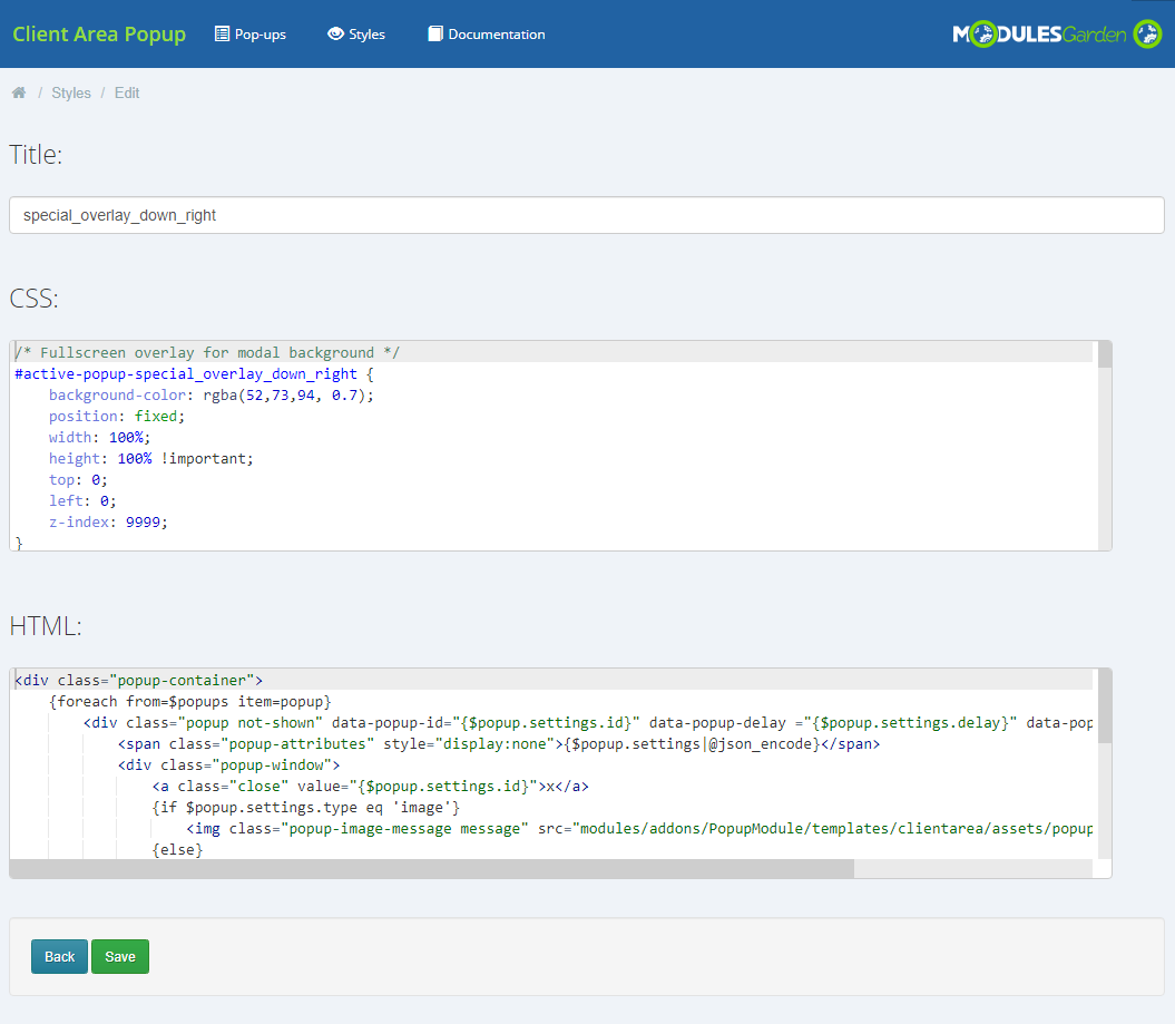 Client Area Popup For WHMCS: Edit style page with the title, CSS and HTML code of the special_overlay_down_right style