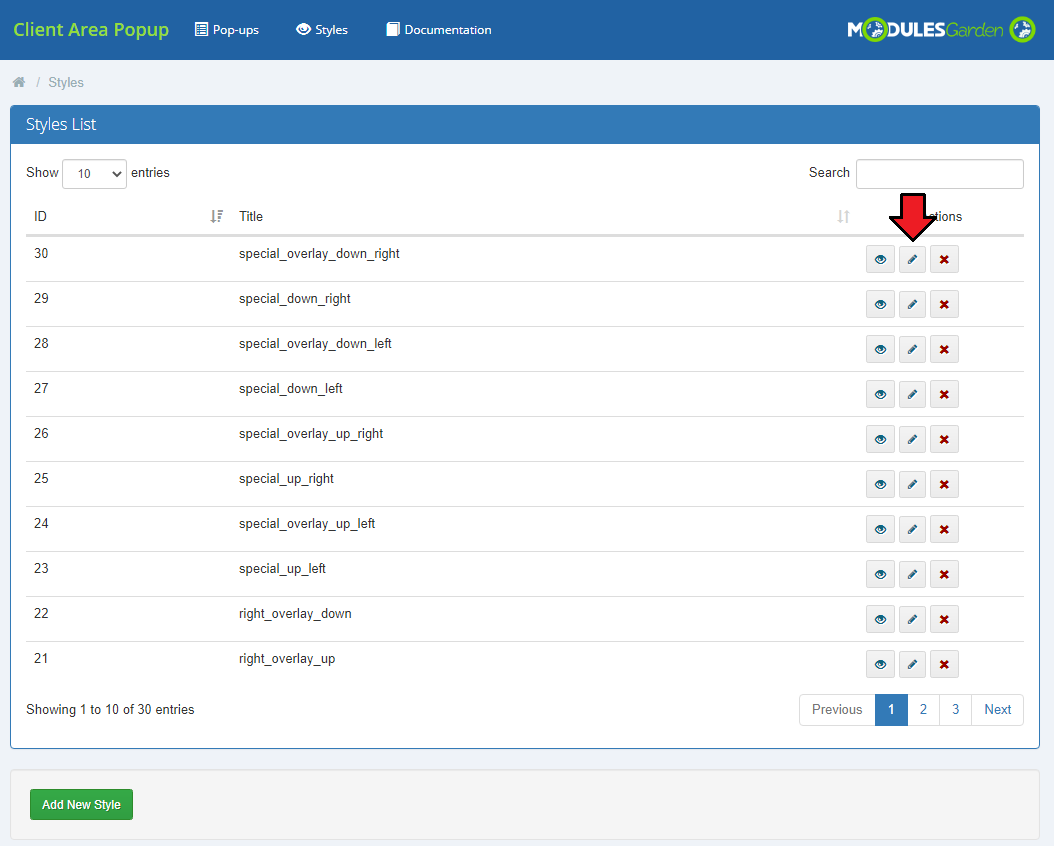 Client Area Popup For WHMCS: Styles list with the edit icon marked next to the special_overlay_down_right style