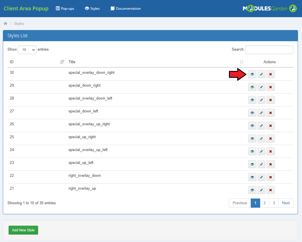 Client Area Popup For WHMCS: Styles list with the preview icon marked next to the special_overlay_down_right style