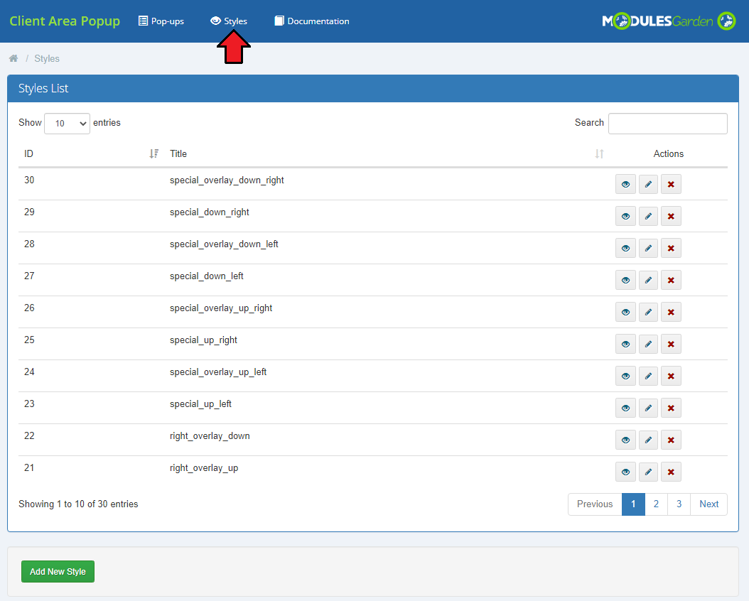 Client Area Popup For WHMCS: Styles list in the module with the Styles menu item marked and predefined styles shown