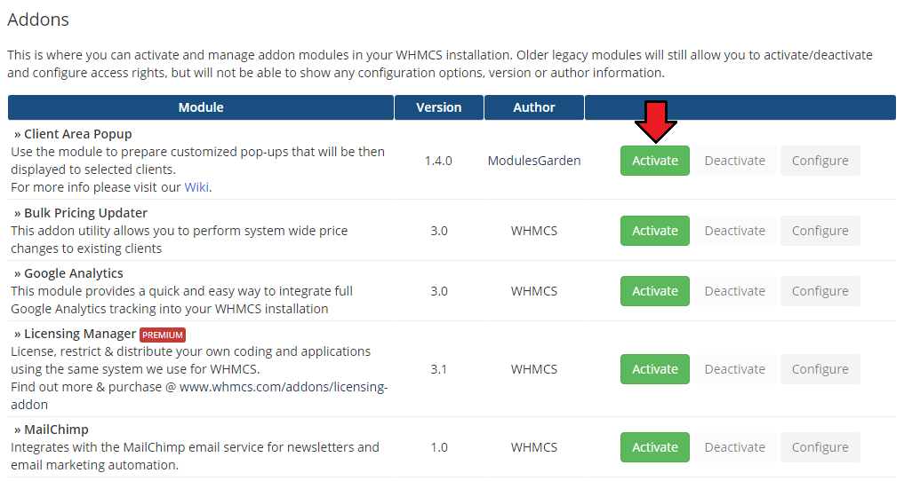 Client Area Popup For WHMCS: WHMCS admin Addon Modules list with the Activate button next to Client Area Popup