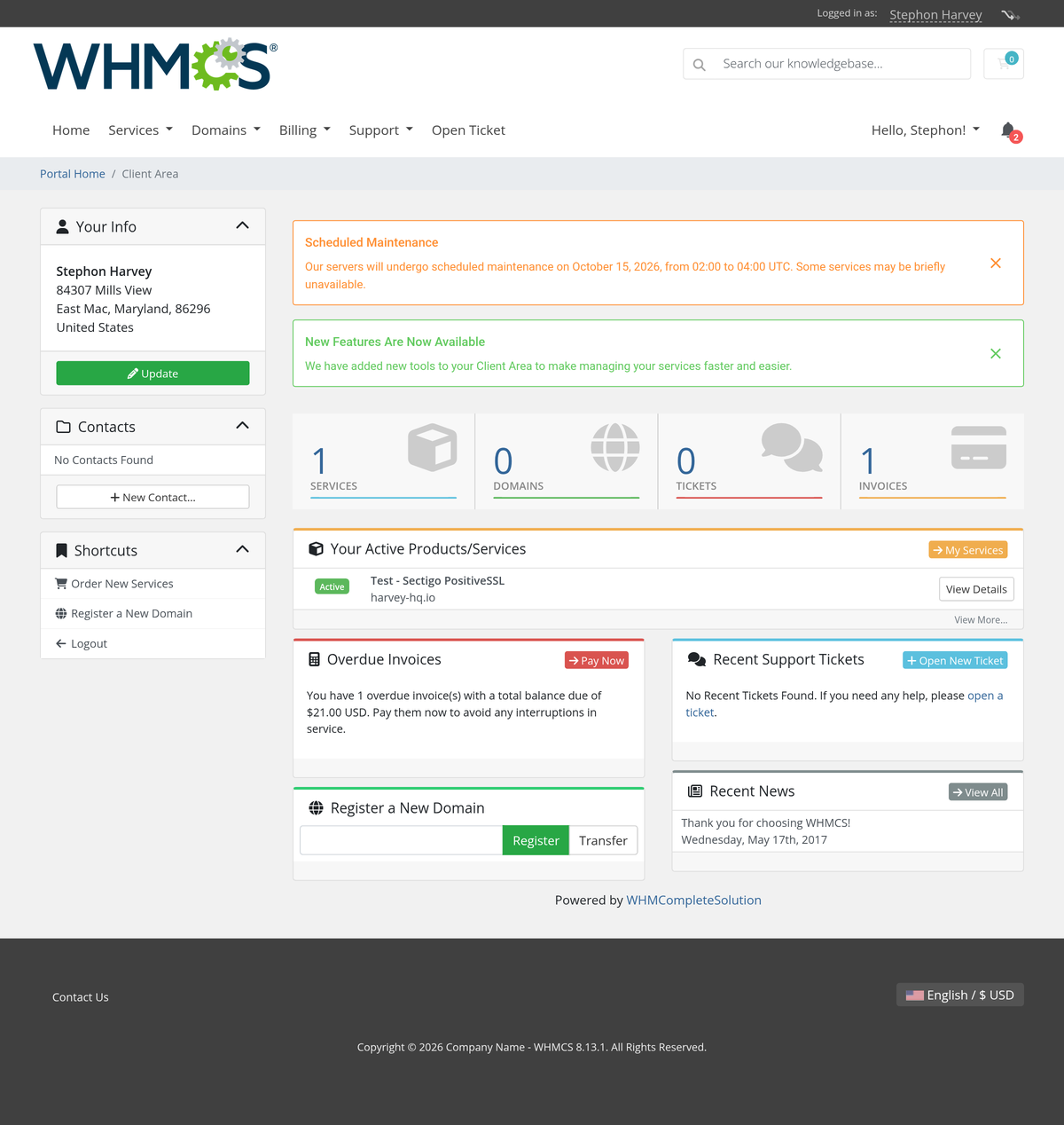 Client Notifications For WHMCS: client area dashboard with warning and success alerts at the top