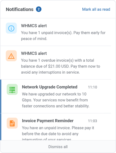 Client Notifications For WHMCS: client area bell dropdown with module notifications and WHMCS notifications