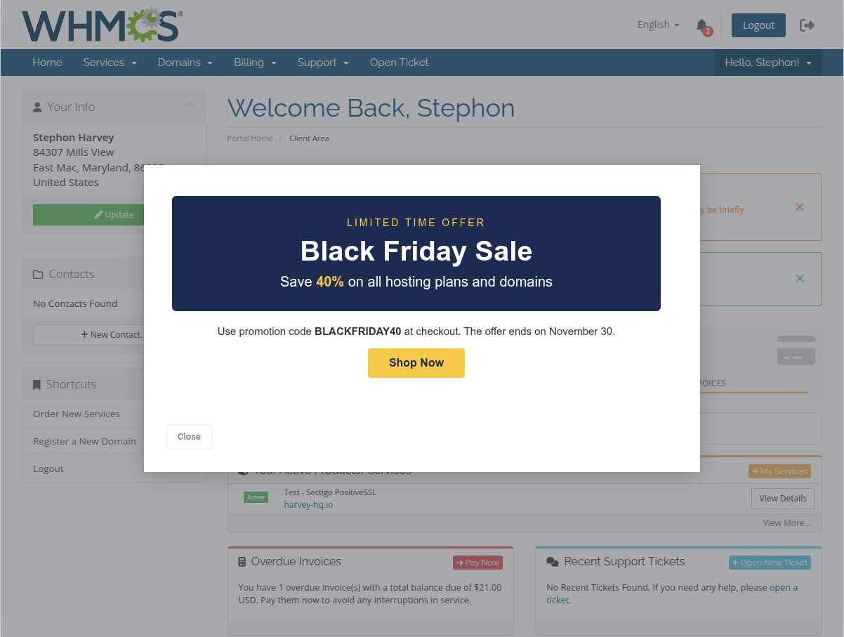 Client Notifications For WHMCS: client area popup in the Custom style with HTML content