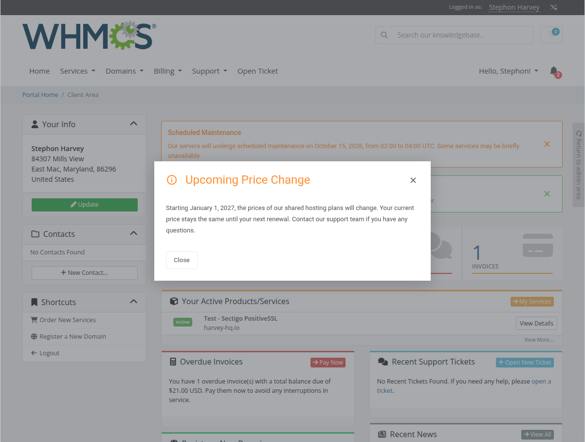 Client Notifications For WHMCS: client area popup in the Warning style