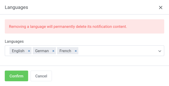 Client Notifications For WHMCS: Languages window used to add or remove content languages