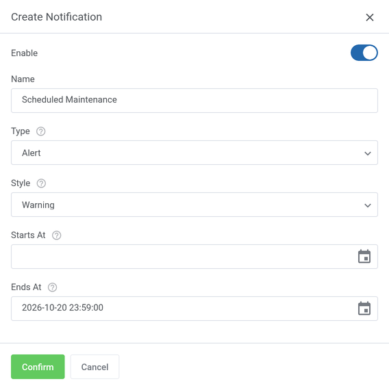 Client Notifications For WHMCS: Create Notification form for the Alert type with the Warning style