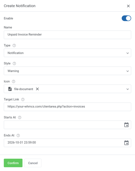 Client Notifications For WHMCS: Create Notification form for the Notification type with style, icon and target link