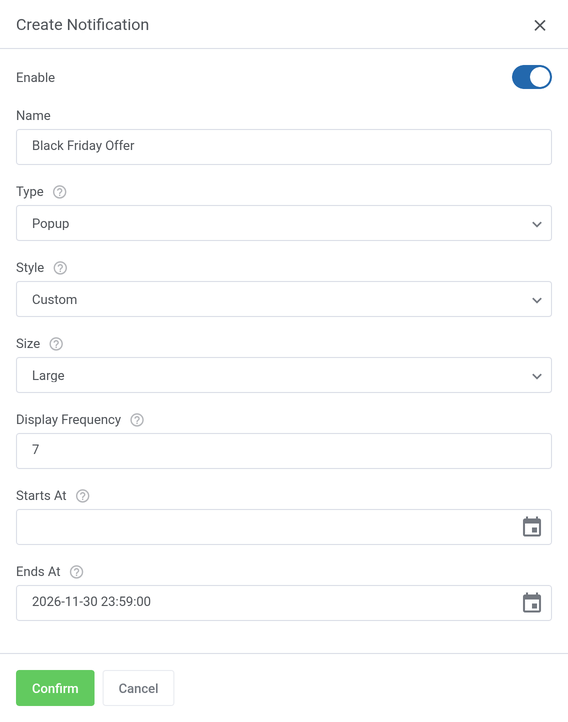 Client Notifications For WHMCS: Create Notification form for the Popup type with style, size and display frequency