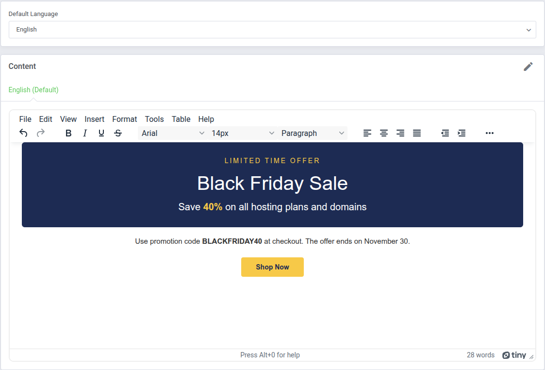 Client Notifications For WHMCS: HTML editor with the content of a popup in the Custom style
