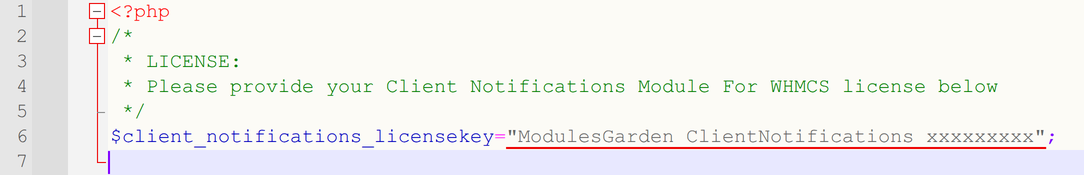 Client Notifications For WHMCS: license.php file opened in an editor with the license key string to fill in