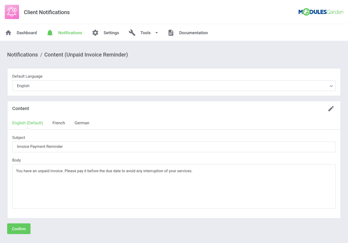 Client Notifications For WHMCS: Content page with the default language and the subject and body in language tabs