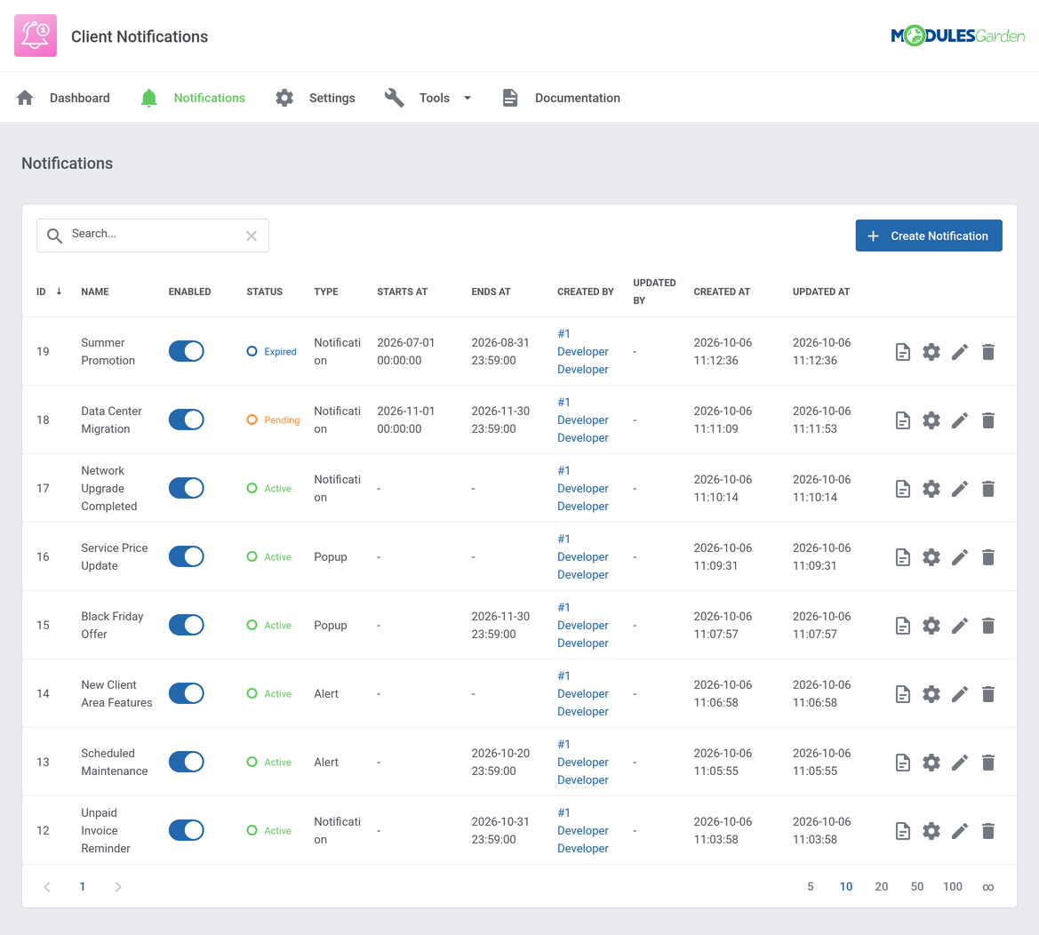 Client Notifications For WHMCS: Notifications list with alerts, bell notifications and popups in pending, active and expired status