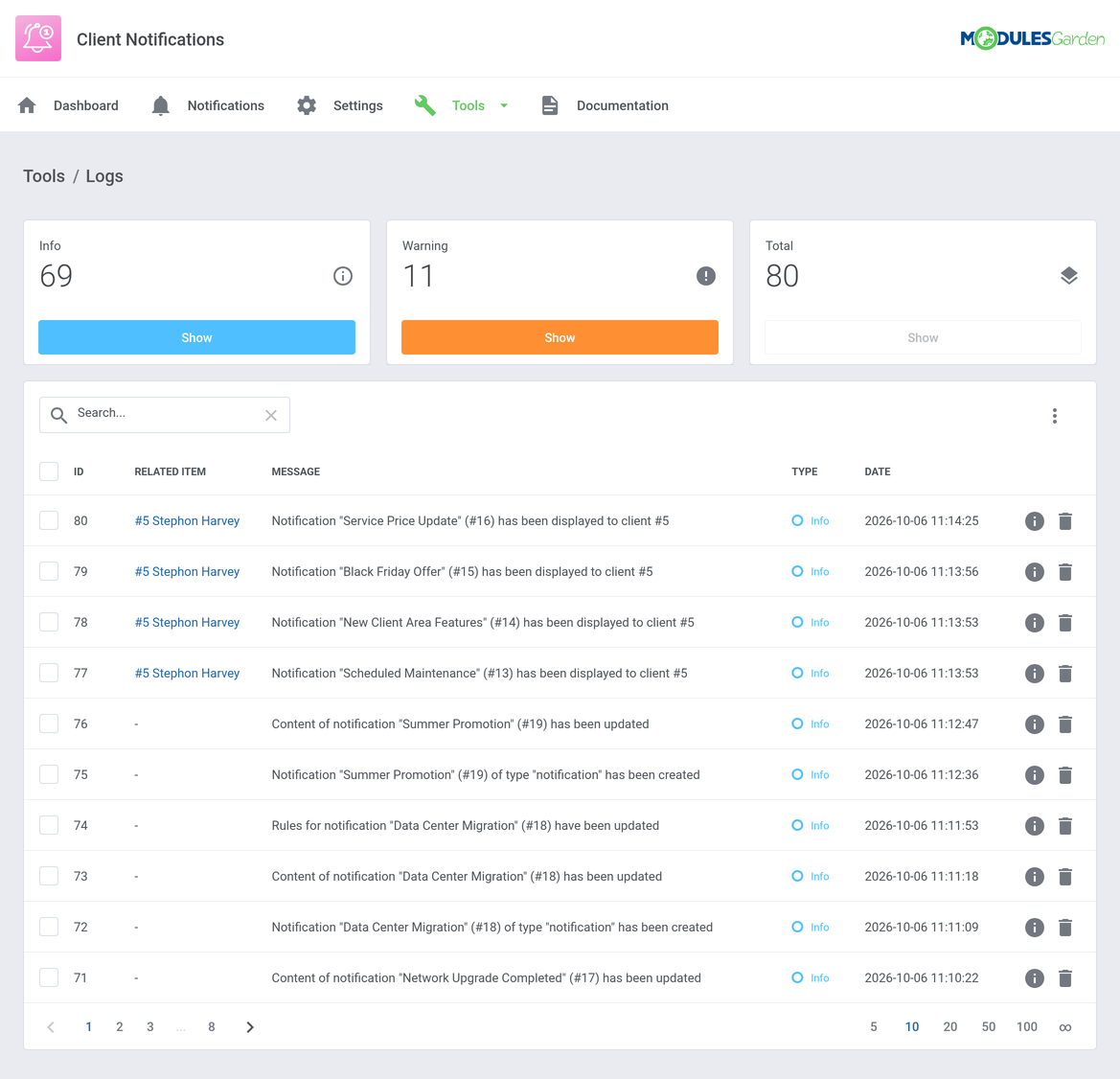 Client Notifications For WHMCS: Logs tool with module events and the related client