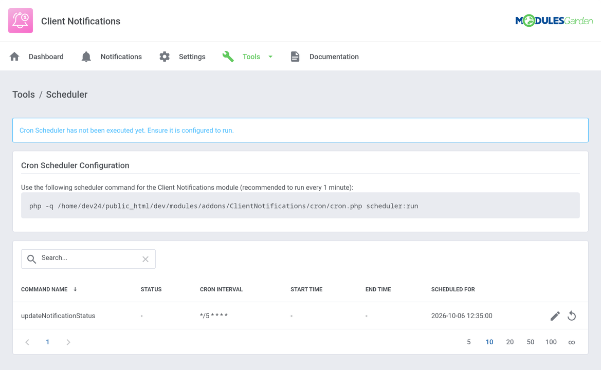 Client Notifications For WHMCS: Tools Scheduler page with the cron command and the updateNotificationStatus task