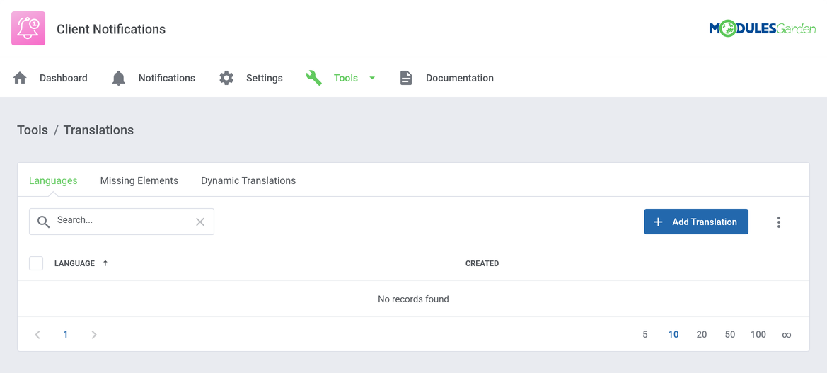 Client Notifications For WHMCS: Translations tool with the list of languages