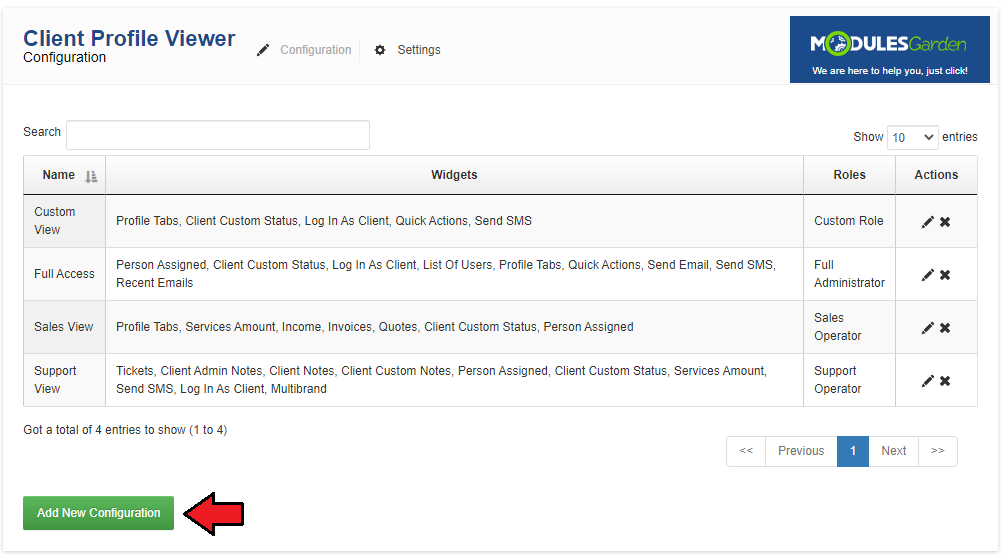 Client Profile Viewer For WHMCS: Configuration tab with the Add New Configuration button highlighted below the list