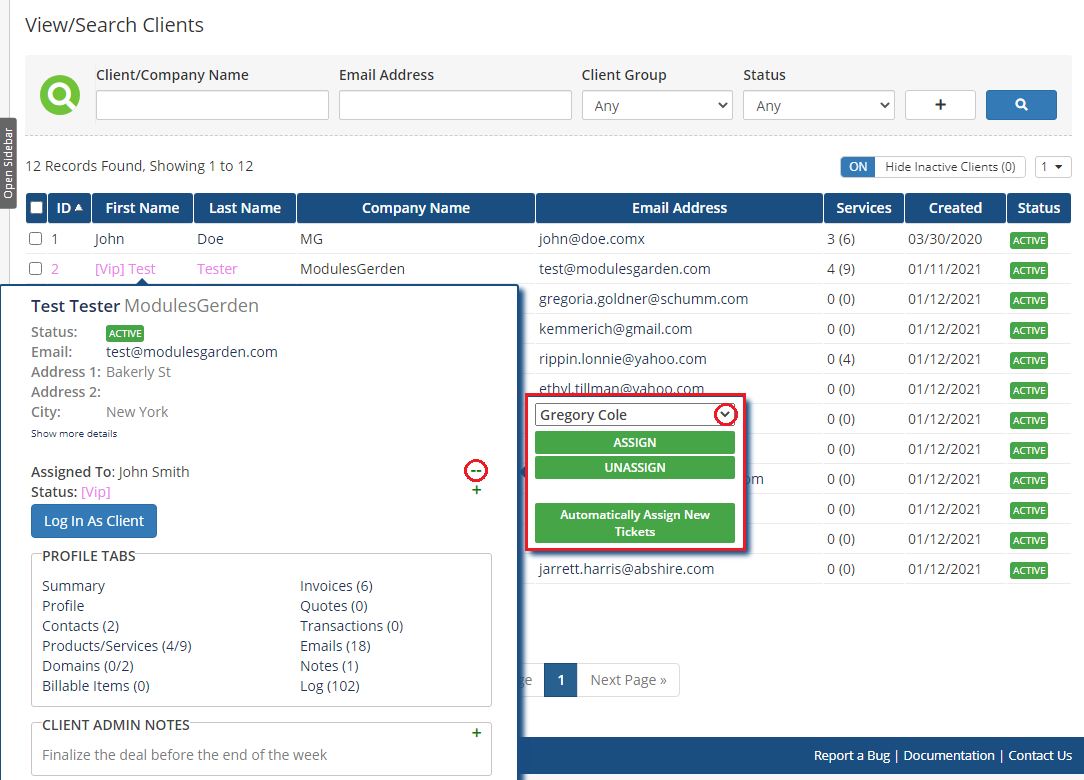 Client Profile Viewer For WHMCS: client tooltip with admin dropdown and Assign and Unassign buttons open
