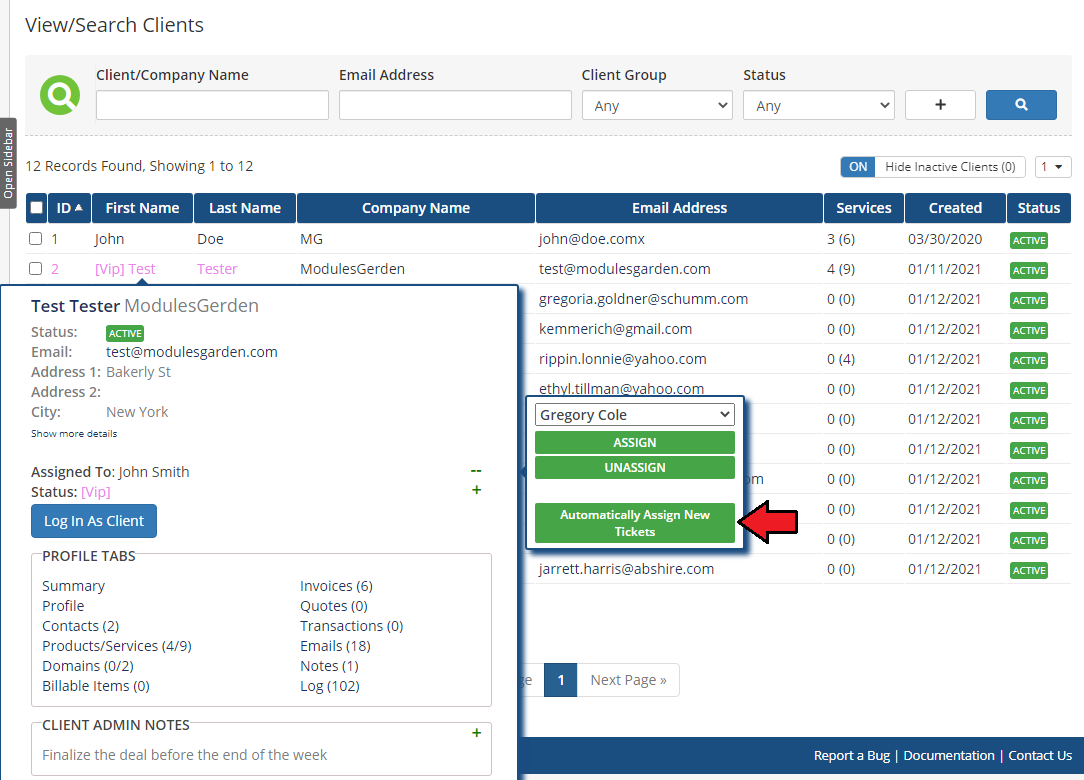 Client Profile Viewer For WHMCS: client tooltip with an arrow pointing to the Automatically Assign New Tickets button