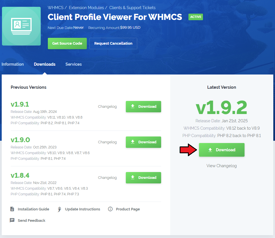 Client Profile Viewer For WHMCS: client area product page with the Downloads tab and the latest version Download button