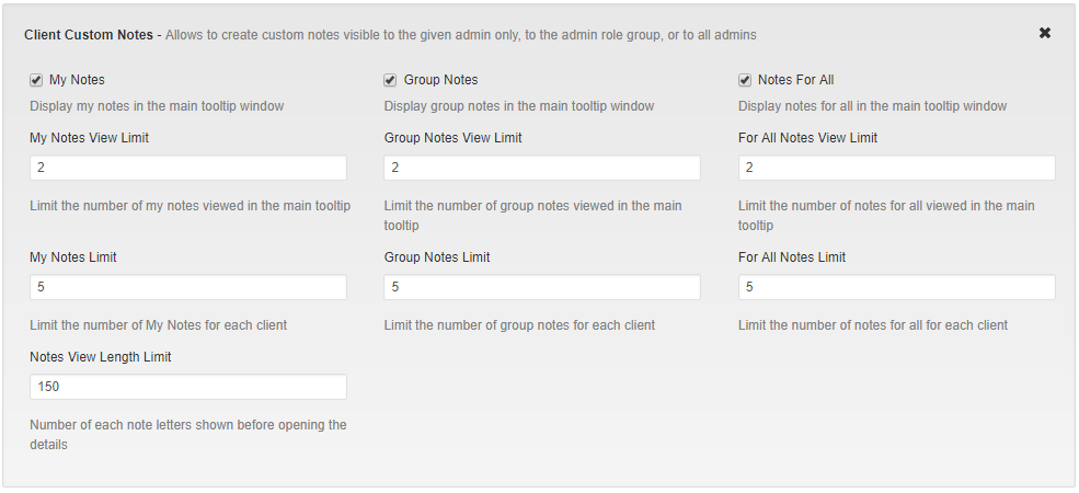 Client Profile Viewer For WHMCS: Client Custom Notes widget settings with My Notes, Group Notes and Notes For All view