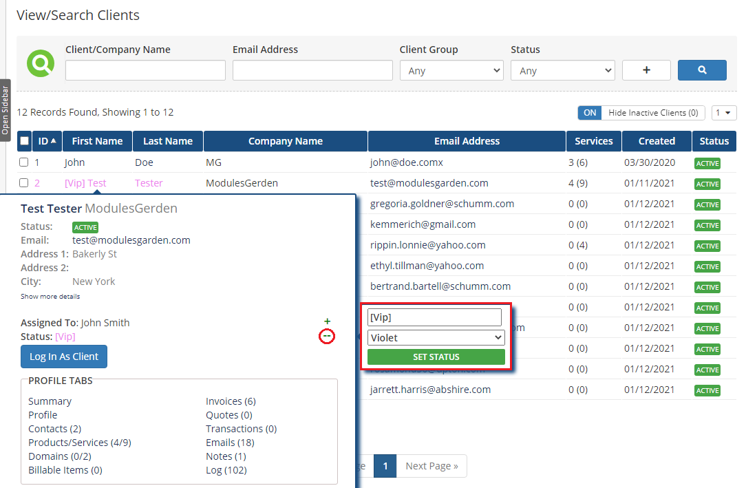 Client Profile Viewer For WHMCS: client tooltip with the Status field open: status text, color list and the Set Status
