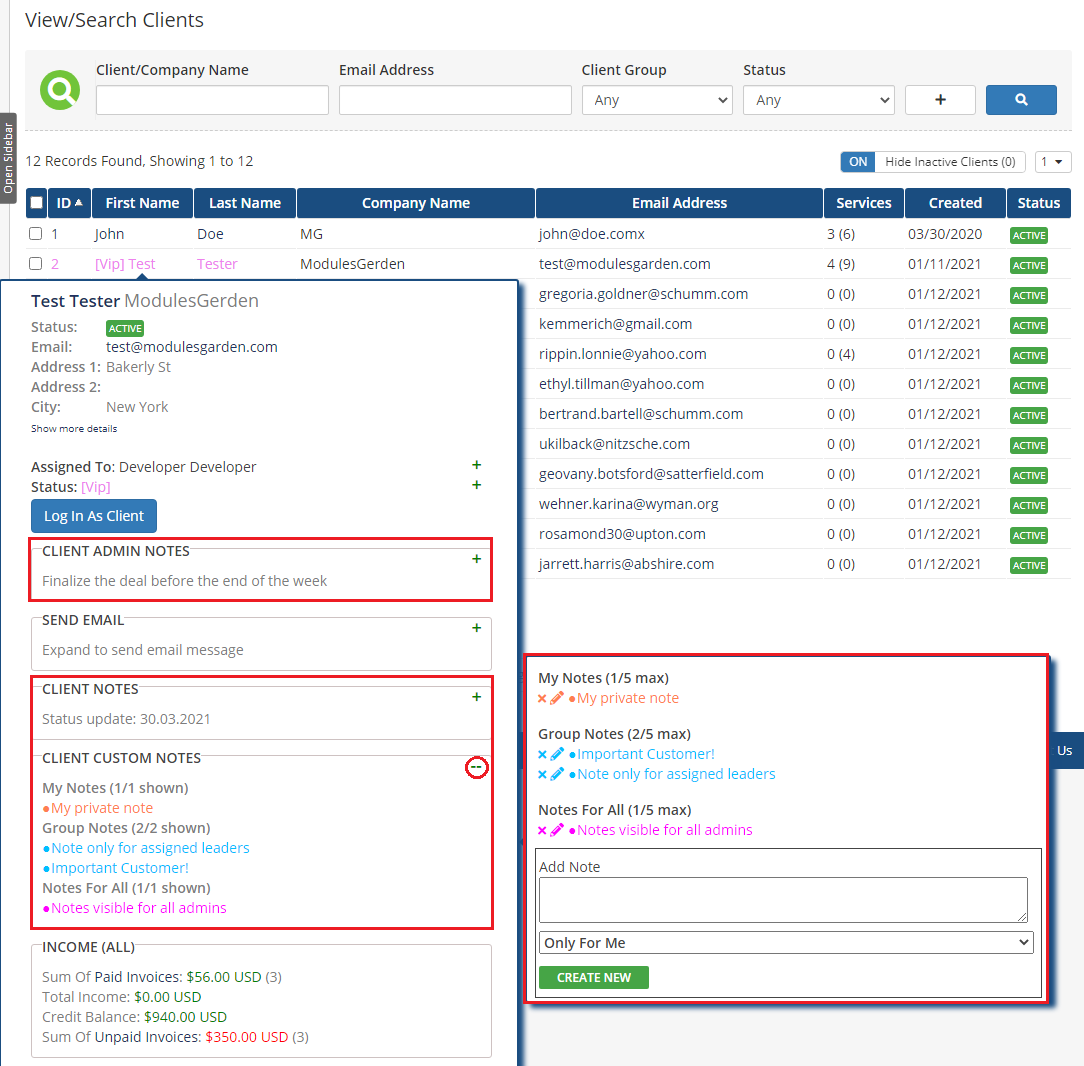 Client Profile Viewer For WHMCS: client tooltip with admin, client and custom notes and an Add Note form