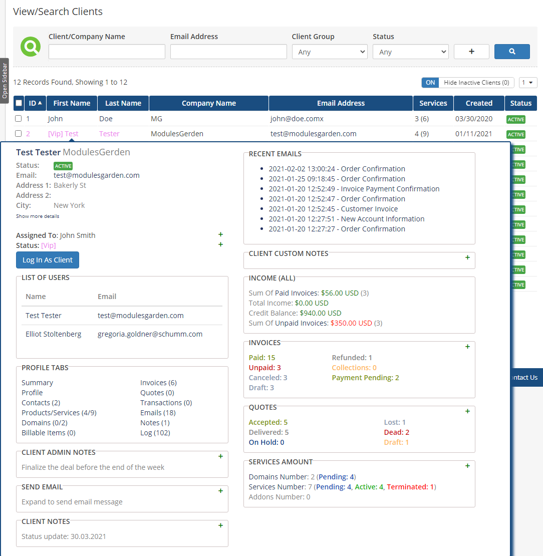 Client Profile Viewer For WHMCS: WHMCS View/Search Clients page with the client tooltip made of widgets