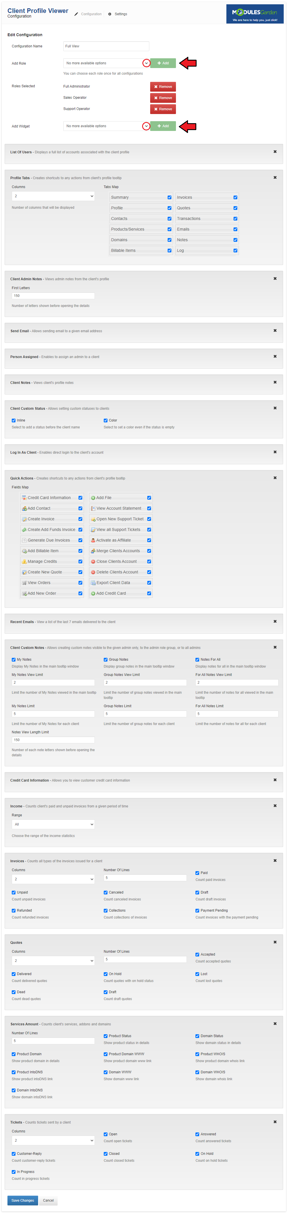 Client Profile Viewer For WHMCS: configuration form with name, Add Role and Add Widget fields and the list of widget