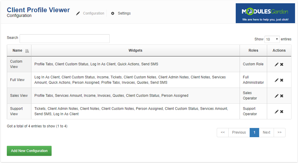Client Profile Viewer For WHMCS: Configuration tab table with enabled widgets and assigned admin roles