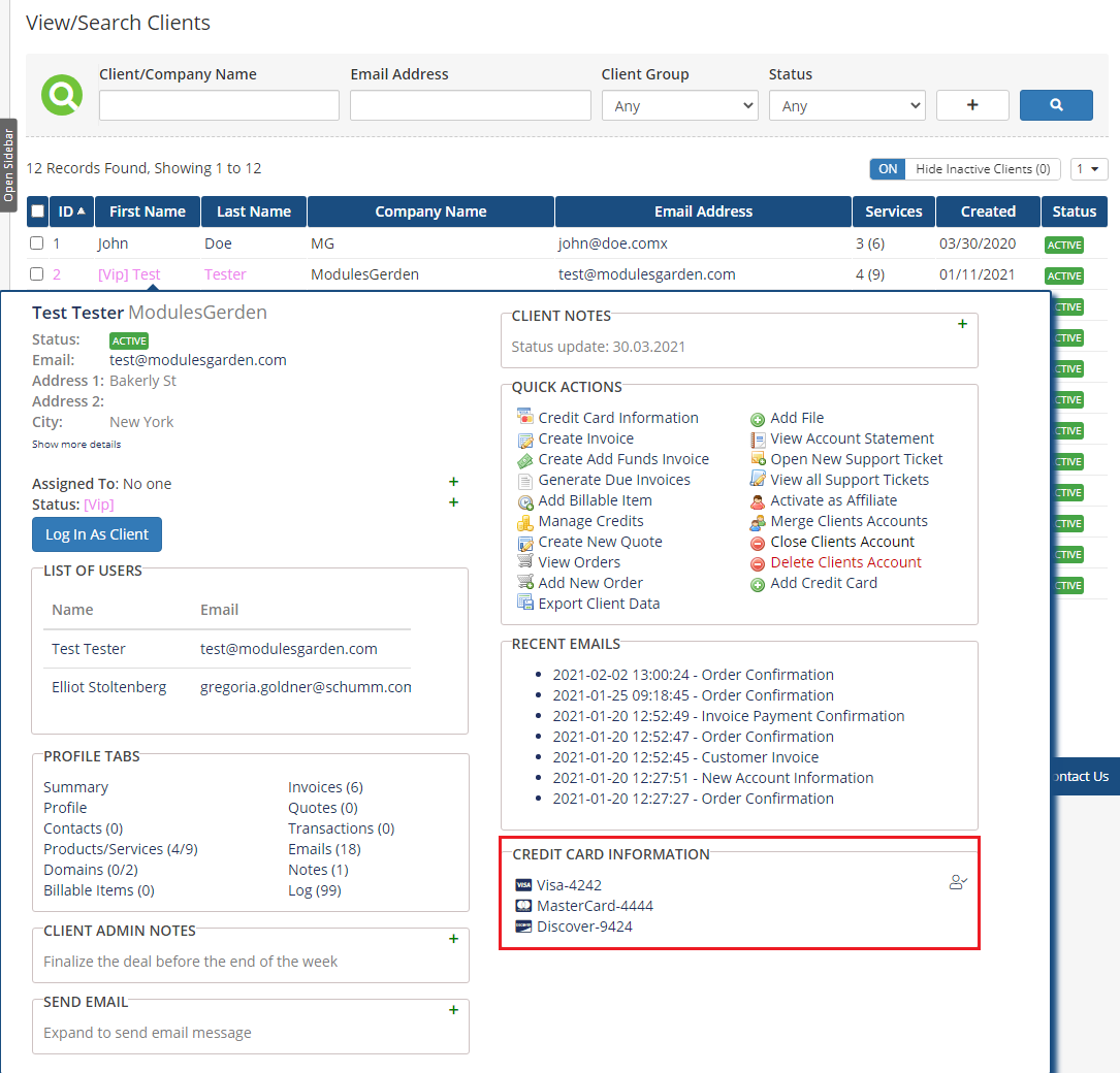 Client Profile Viewer For WHMCS: client tooltip with the Credit Card Information widget listing the client's saved cards