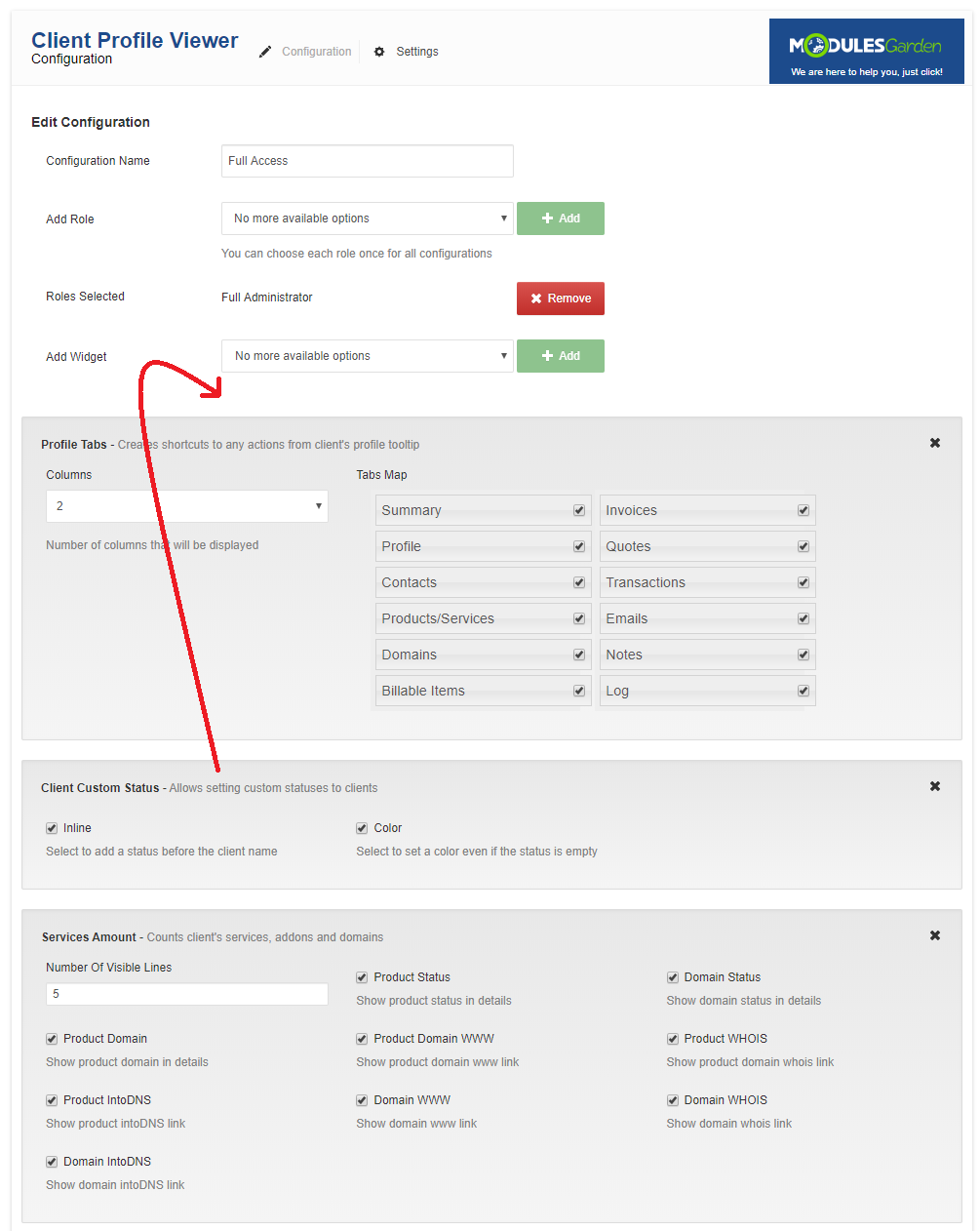 Client Profile Viewer For WHMCS: configuration form with an arrow showing a widget dragged to a new position in the