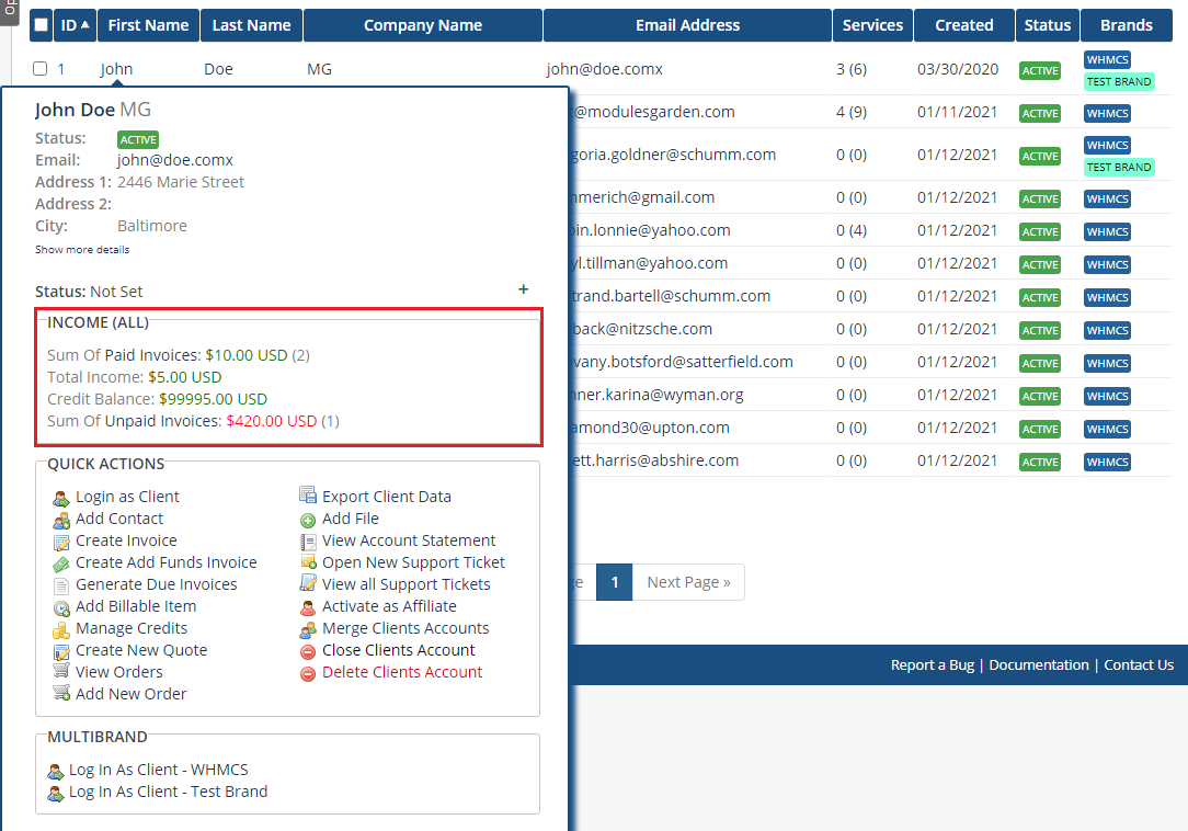 Client Profile Viewer For WHMCS: client tooltip with the Income widget showing paid invoices, total income and credit