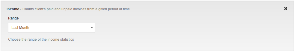 Client Profile Viewer For WHMCS: Income widget settings with the Range dropdown set to Last Month