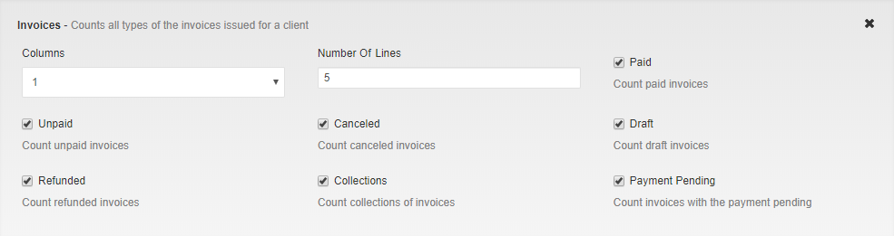 Client Profile Viewer For WHMCS: Invoices widget settings with columns, number of lines and invoice status checkboxes