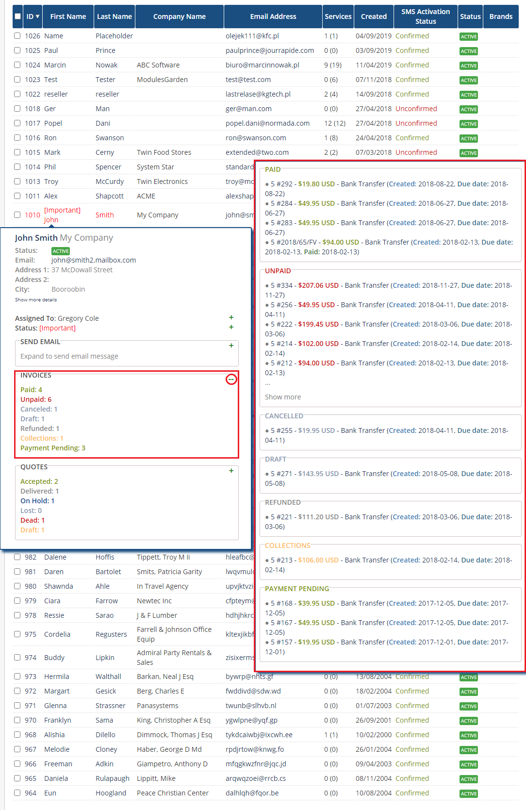 Client Profile Viewer For WHMCS: client tooltip with the Invoices widget counts and the expanded list of invoices by