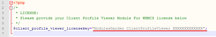 Client Profile Viewer For WHMCS: license.php file in a text editor with the license key placeholder between quotation