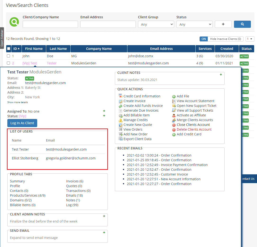 Client Profile Viewer For WHMCS: client tooltip with the List Of Users widget showing user names and email addresses