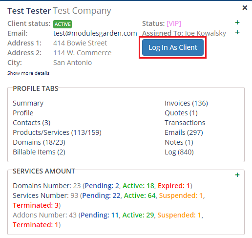 Client Profile Viewer For WHMCS: client tooltip with the Log In As Client button highlighted below the client details