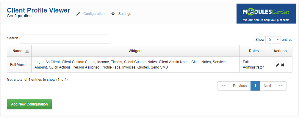 Client Profile Viewer For WHMCS: module Configuration tab with the configuration list after installation