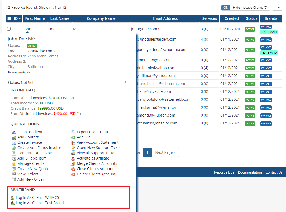 Client Profile Viewer For WHMCS: client tooltip with the Multibrand widget showing Log In As Client links for each brand