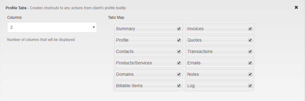 Client Profile Viewer For WHMCS: Profile Tabs widget settings with the Columns dropdown and Tabs Map checkboxes