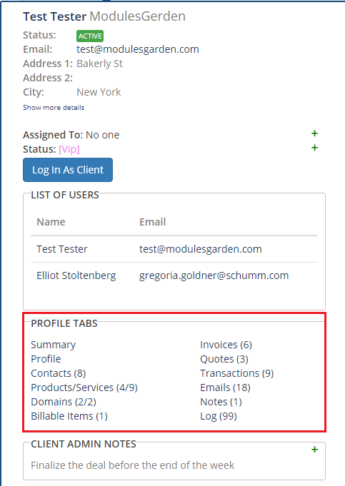 Client Profile Viewer For WHMCS: client tooltip with the Profile Tabs widget listing tabs with item counts
